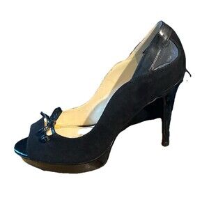Marc Fisher Violet Black Leather Suede Mesh‎ Peep Toe Bow Stiletto Heels Size 8
